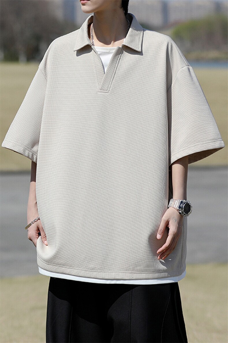 8XL-M假两件V领短袖t恤男夏翻领半袖宽松重磅华夫格大码DT001P40,男装T恤,电商B312