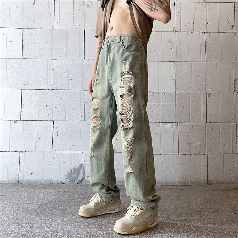 美式破洞牛仔裤男夏季高街vibe裤子黄泥染直筒宽松乞丐裤GN21-P45,男装牛仔裤,星座1008
