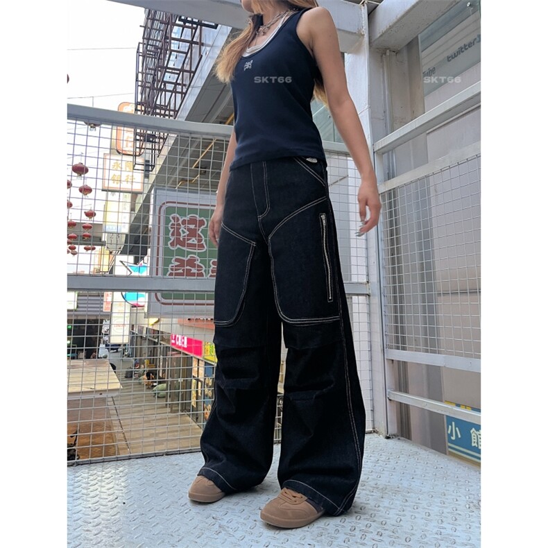 拼接多口袋阔腿牛仔裤男女黑色高腰显瘦帅气休闲宽松拖地工装长裤,男装牛仔裤,四季星座505