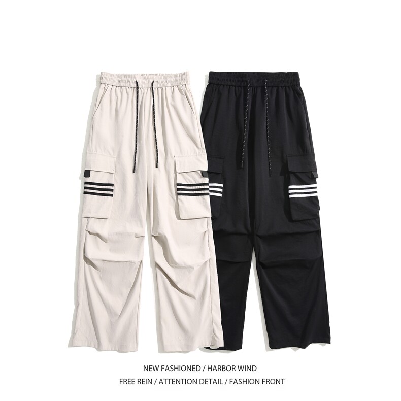抖音品质夏季新款条纹口袋褶皱宽松伞兵裤B315-K24243-特p35控68,男装休闲裤,电商B315