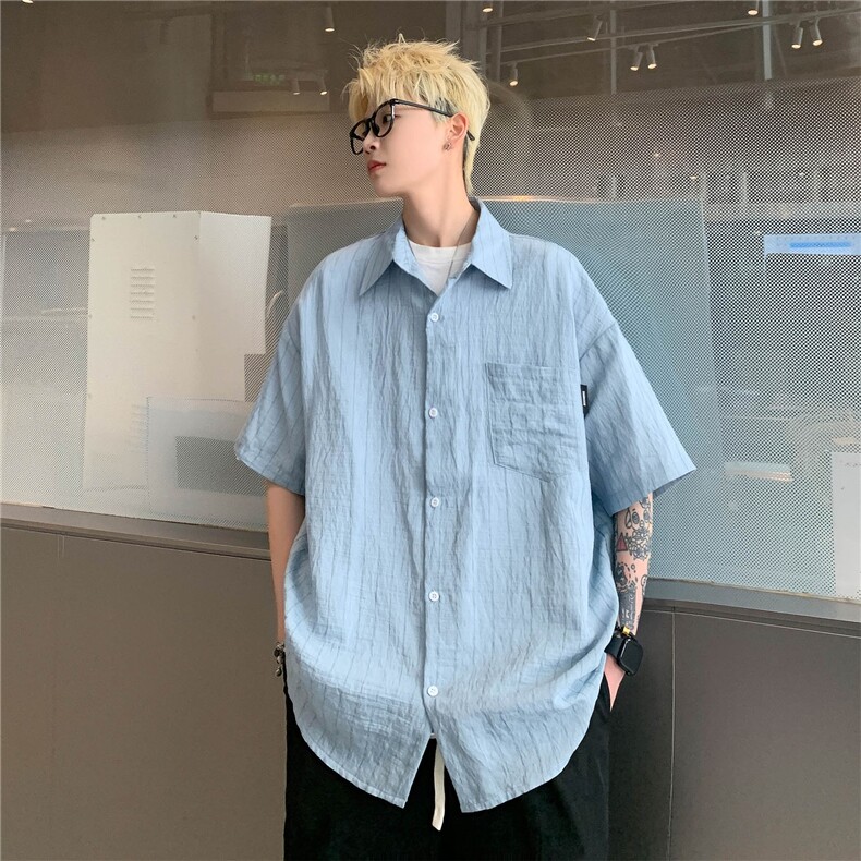 港风24条纹冰丝垂感透气短袖衬衫男女情侣衬衣薄外套上衣S312P48,男装T恤,电商A233-1