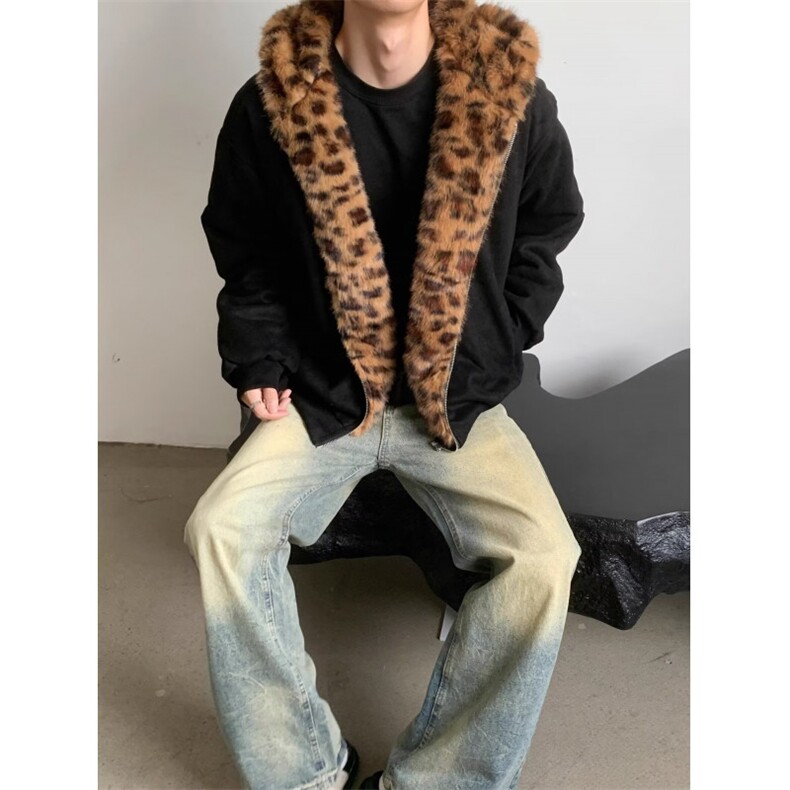美式复古豹纹毛领连帽棉服男冬季加厚保暖棉衣宽松短款座山雕外套,男装棉衣,四季星座505