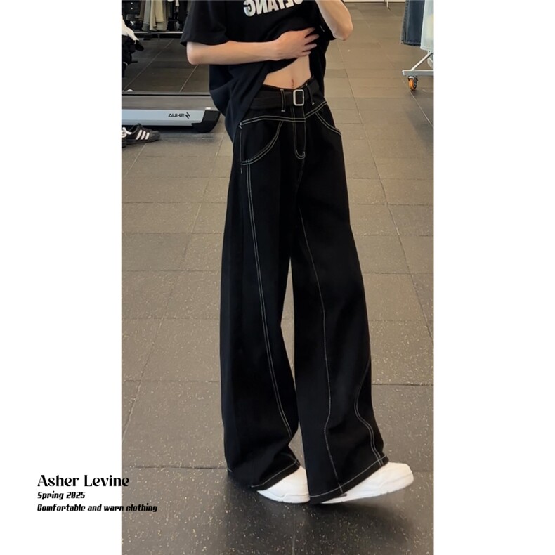 网图现货辑明线轮廓设计黑色牛仔裤男女同款阔腿直筒裤RB924-P58,男装牛仔裤,星座1005-4