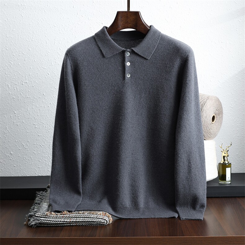 2024秋季新款男士POLO领长袖短款套头衫休闲百搭，男装Polo衫，富泽羊绒