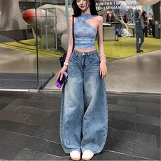 美式高街水洗弯刀牛仔裤女2025秋季新款高腰宽松显瘦痞帅阔腿裤，男装牛仔裤，星座1210-1