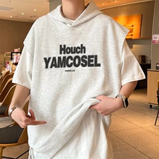 2025新款短袖男夏季美式潮牌ins潮流连帽半袖叠穿开衩重磅t恤男女，男装T恤，星座601-1