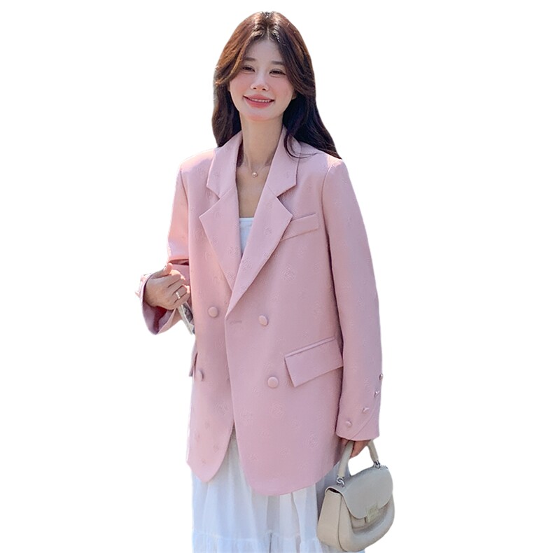 小个子提花粉色西服女2024春秋新款休闲宽松小众设计感小西装外套,女装西装,流量+