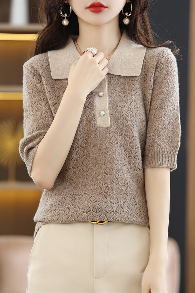 POLO领短袖针织衫女2024夏秋新款polo领短款薄款,女装T恤,斯尔特羊绒