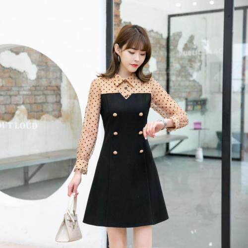 2021春款波点拼接欧根纱假两件收腰连衣裙，女装连衣裙，衣佳佰分