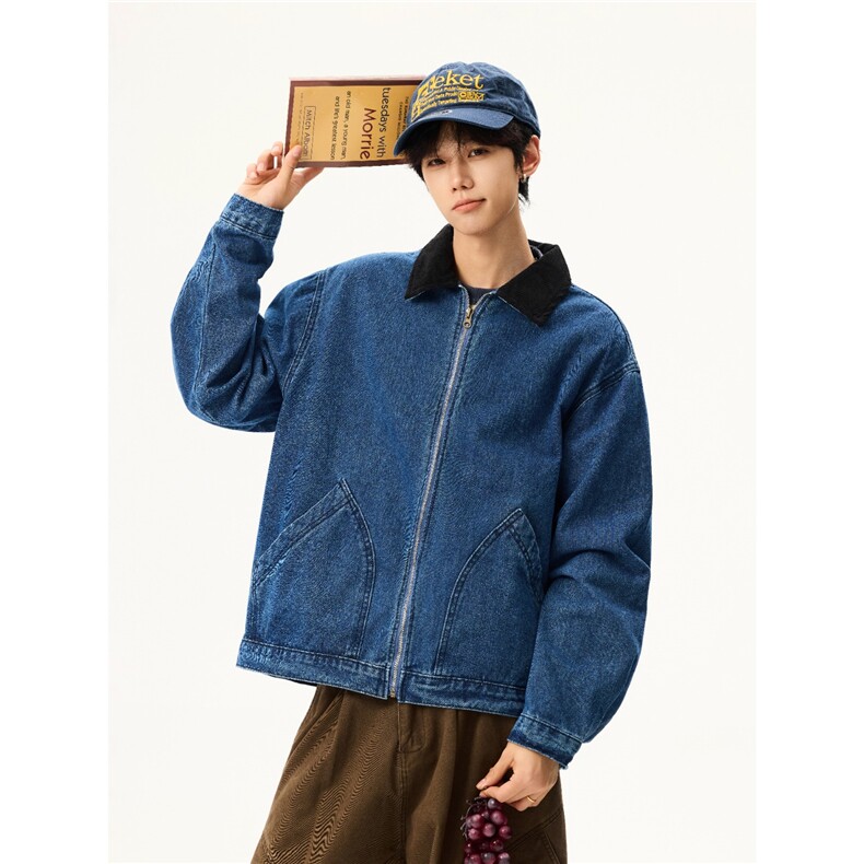 JH0697-P62美式复古春秋新款牛仔外套翻领撞色牛仔色夹克衫上衣服,男装工装外套,电商C233