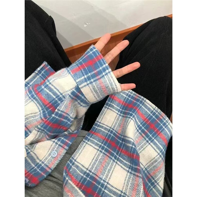 美式复古红蓝撞色条纹格子长袖衬衫ins潮牌春季情侣衬衣外套小众,男装衬衫,星座1210-1