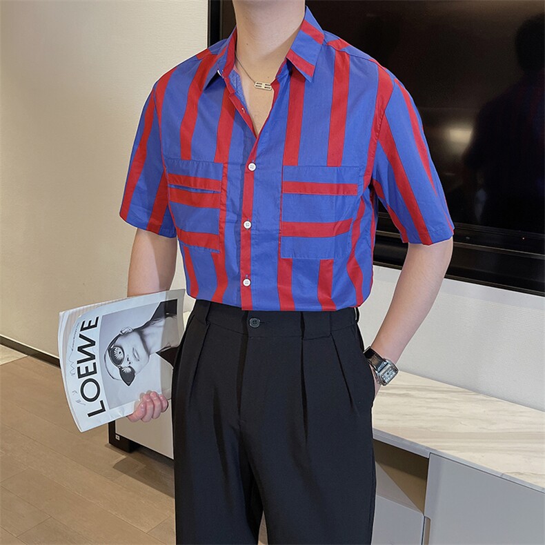 夏季男士条纹短袖衬衫时尚痞帅高级感发型师半袖衬衣潮 02778-P35图片