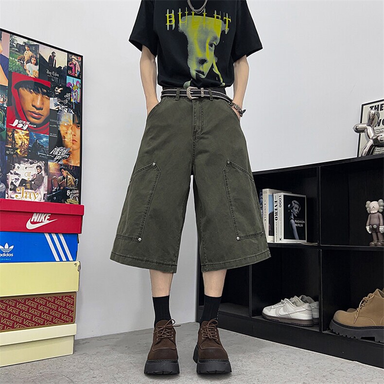 铆钉七分工装裤男女款夏季设计感阔腿裤休闲中裤DK110-P55图片