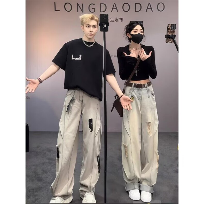 YOUDU夏新款男士休闲裤水洗做旧时尚百搭宽松直筒痞帅阔腿裤子潮，男装休闲裤，四季星座505