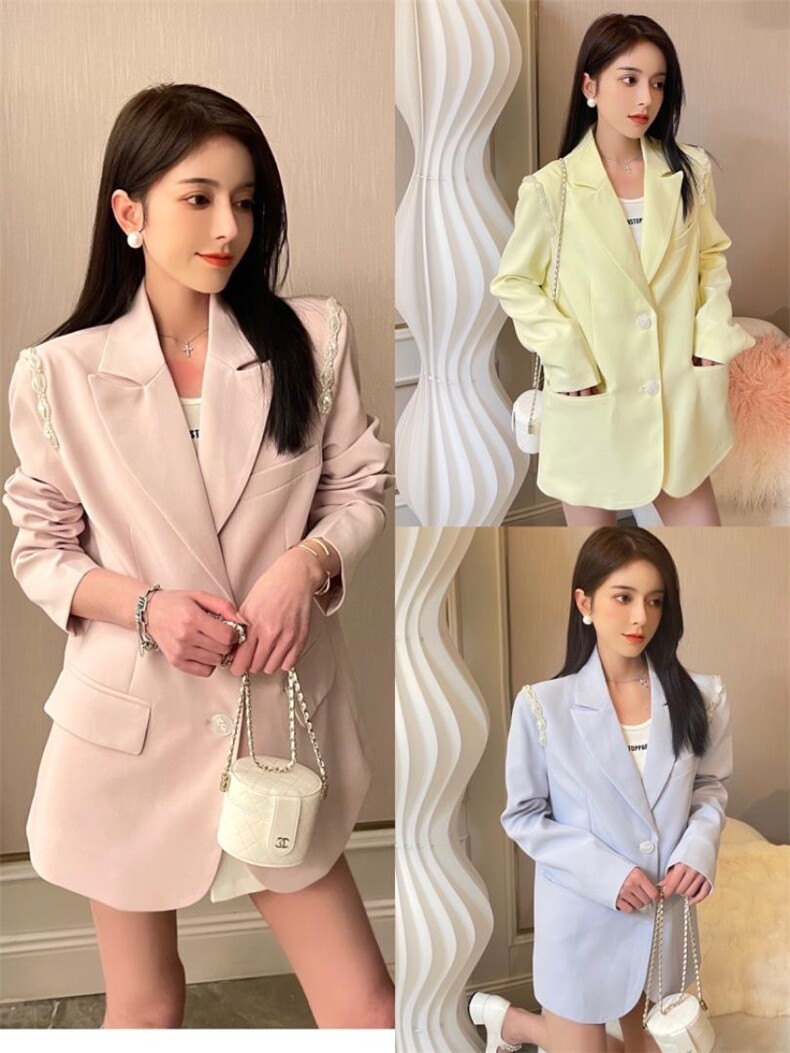 现货韩系肩膀珍珠西装外套，女装西装，可金