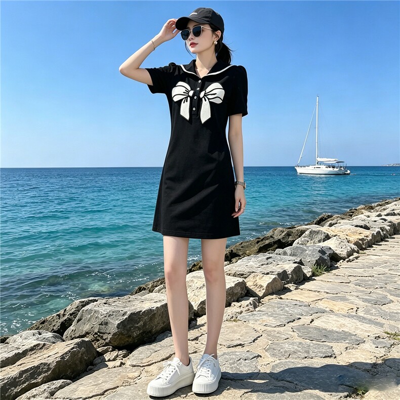 时尚重工拼色蝴蝶节黑色连衣裙夏季新款气质显瘦中长款A字裙潮流,女装连衣裙,江南