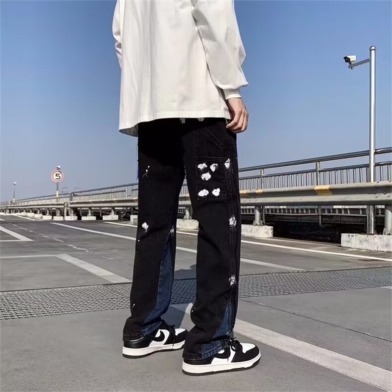 vibe潮高街裤子美式街头做旧刷漆泼墨微喇牛仔裤男hiphop炸街裤,男装牛仔裤,四季星座218-1