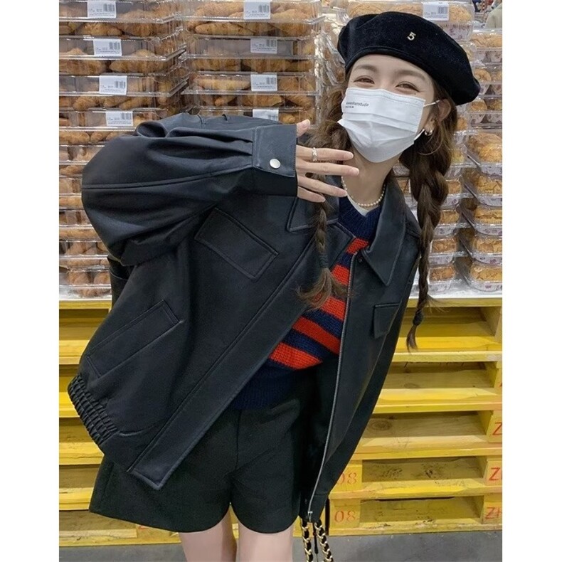 G128-P60美式复古黑色机车皮衣2025年新款春秋款pu皮夹克短款,男装夹克,电商B323A