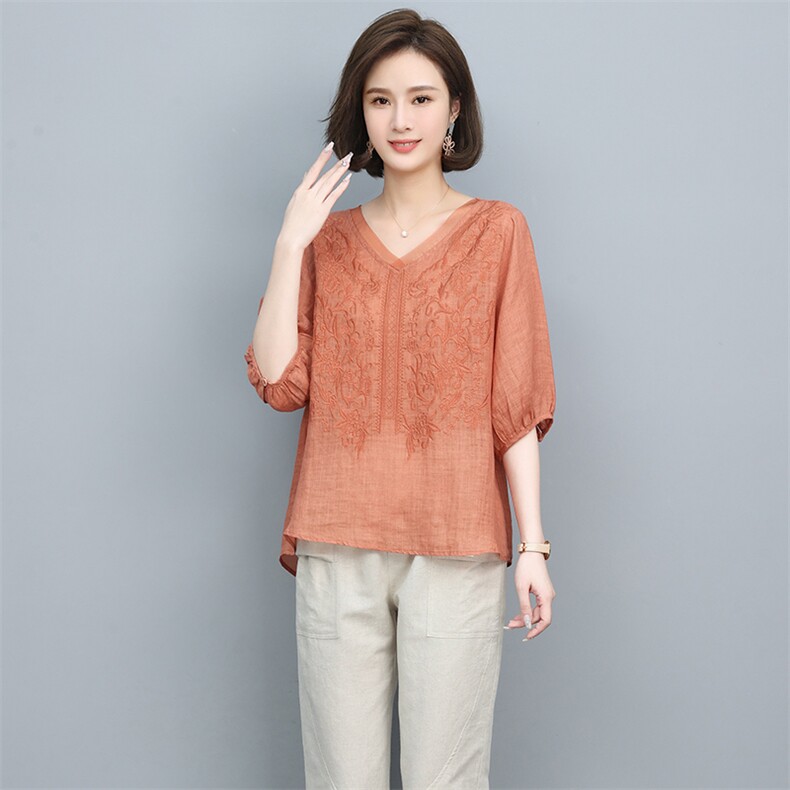 苎麻t恤女短袖2024夏季新款大码宽松中老年妈妈气质五分袖体恤衫,女装蕾丝衫/雪纺衫,独衣靓