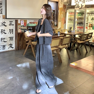 气质裤子地雷系嘻哈风上衣夏季轻熟风法式时尚套装显瘦牛仔高腰图片
