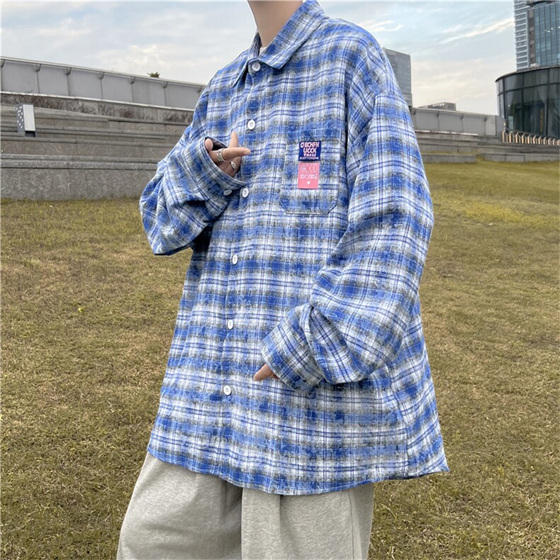 2023春季港风蓝色格子衬衫男ins潮流宽松百搭长袖外套W7134-P40,男装衬衫,星座512-2