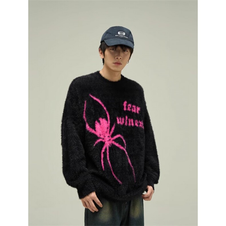 原创蜘蛛毛衣秋冬季美式复古蜘蛛提花水貂绒圆领毛衣男高街情侣款图片
