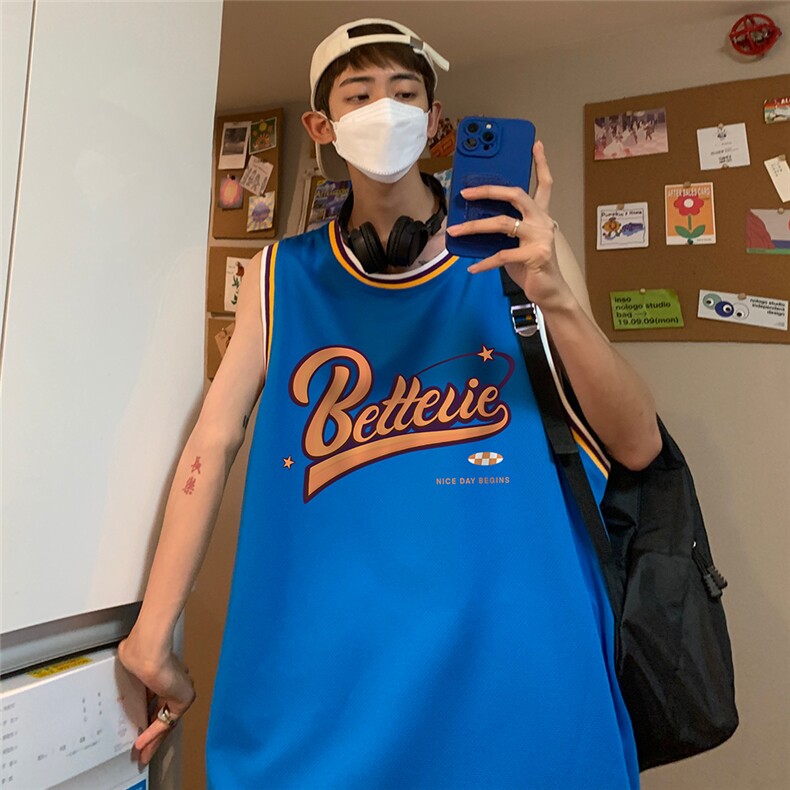 港风纯棉夏季休闲拼色螺纹印花网眼篮球背心男女T6927P35控48,男装背心/马甲,电商A268A