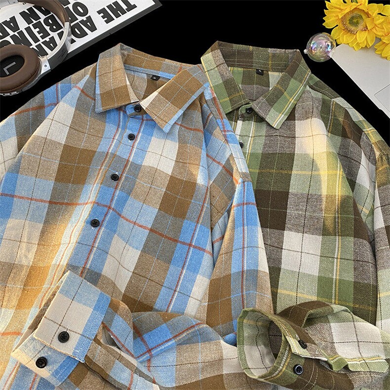 25年春季格子衬衫长袖大码宽松落肩现货DS-C323-1-2368-特批30，男装衬衫，电商C323-1