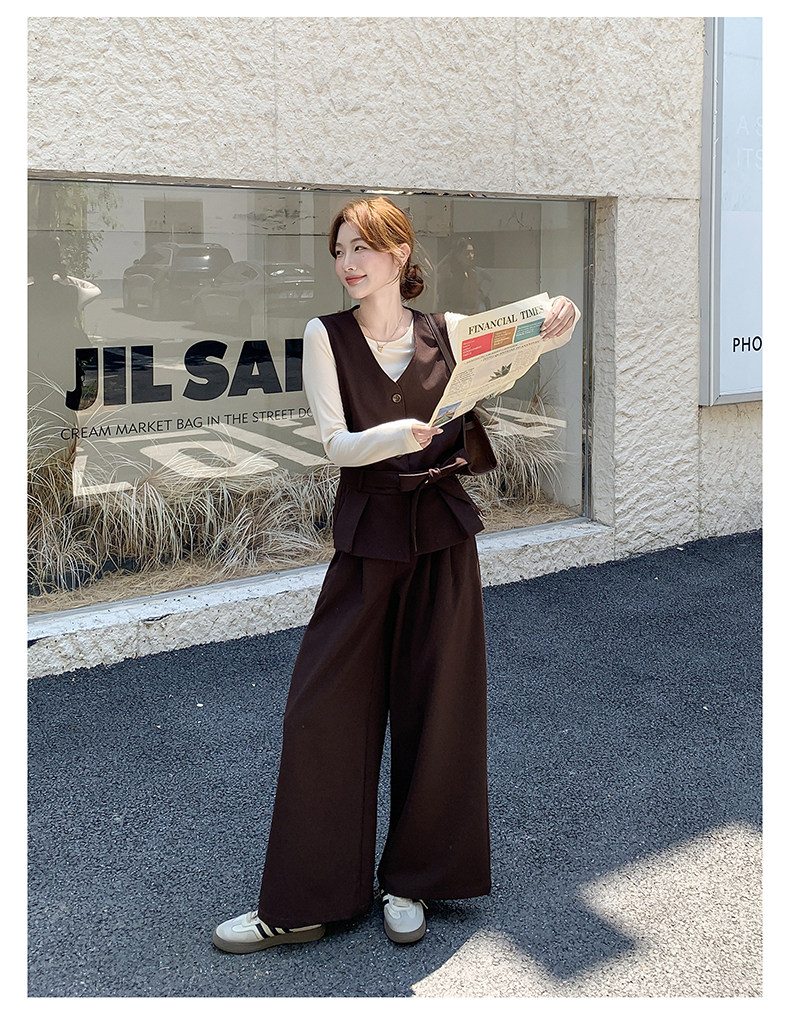 咖色时尚洋气腰带收腰马甲套装女2025秋季新款打底衫阔腿裤三件套,女装套装/套裙,2C159