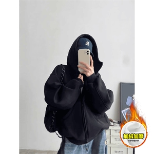 480G重磅加绒硬挺boxy 男女秋冬美式高街防风高领卫衣开衫厚外套图片