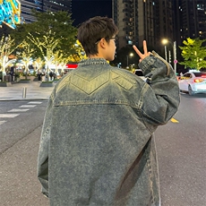 做旧水洗牛仔夹克外套春秋季潮牌设计感宽松休闲时尚百搭上衣，男装夹克，星座410-7