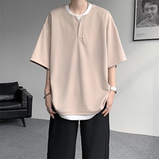 8XL-M重磅斜纹假两件短袖t恤男夏季薄款宽松大码半袖体恤DT006P45，男装T恤，电商B312