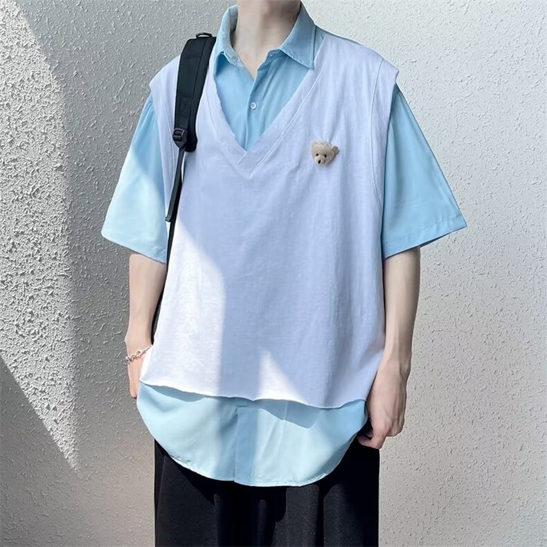 短袖恤男假两件设计感小众小熊慵懒风夏季半袖C103-P40,男装T恤,星座910-1