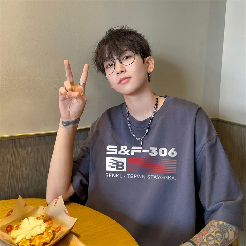 欧美高街重磅硬挺t恤短袖男潮牌潮流夏季小领口美式街头七分半袖，男装T恤，电商B367