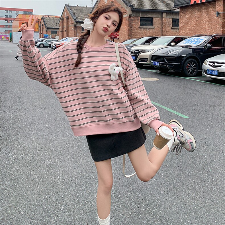 条纹长袖套头针织打底衫卫衣外套女2025春装内搭修身粉色甜美上衣图片