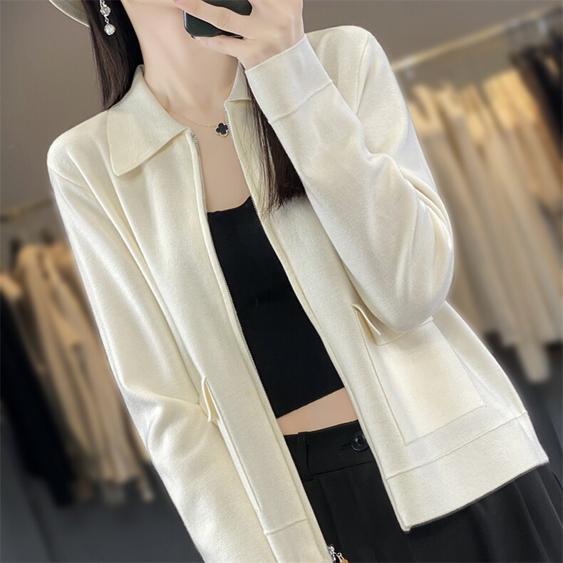 2025春季新款精仿羊毛针织开衫女POLO领外套纯色百搭上衣拉链外套,女装羊毛衫,优麦羊绒（原洪叶羊绒）