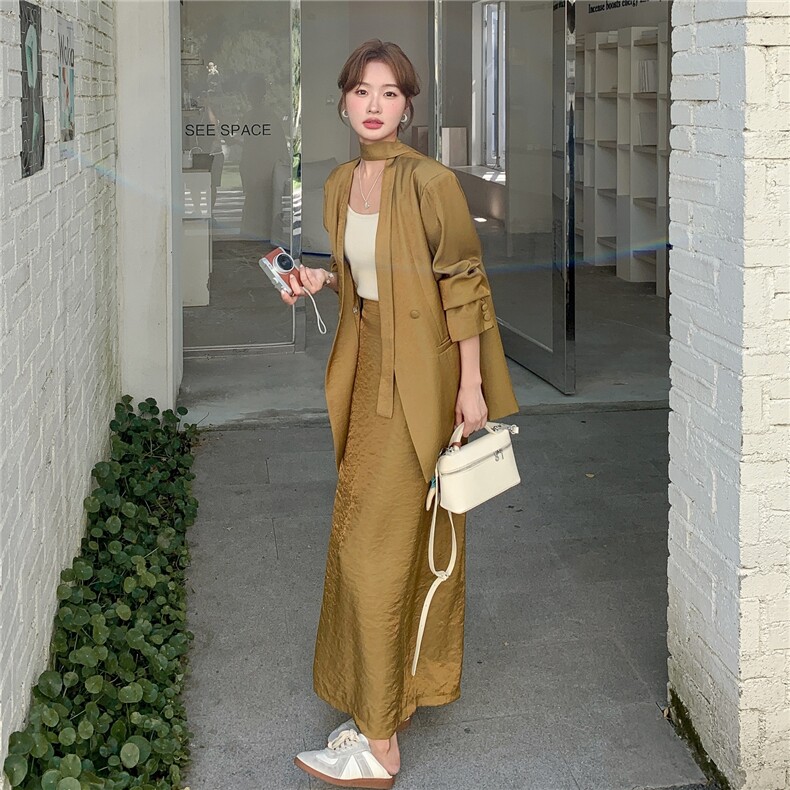 老钱风穿搭黄色西装套装女春秋2025年超火好看高级感半身裙两件套,女装套装/套裙,2C206