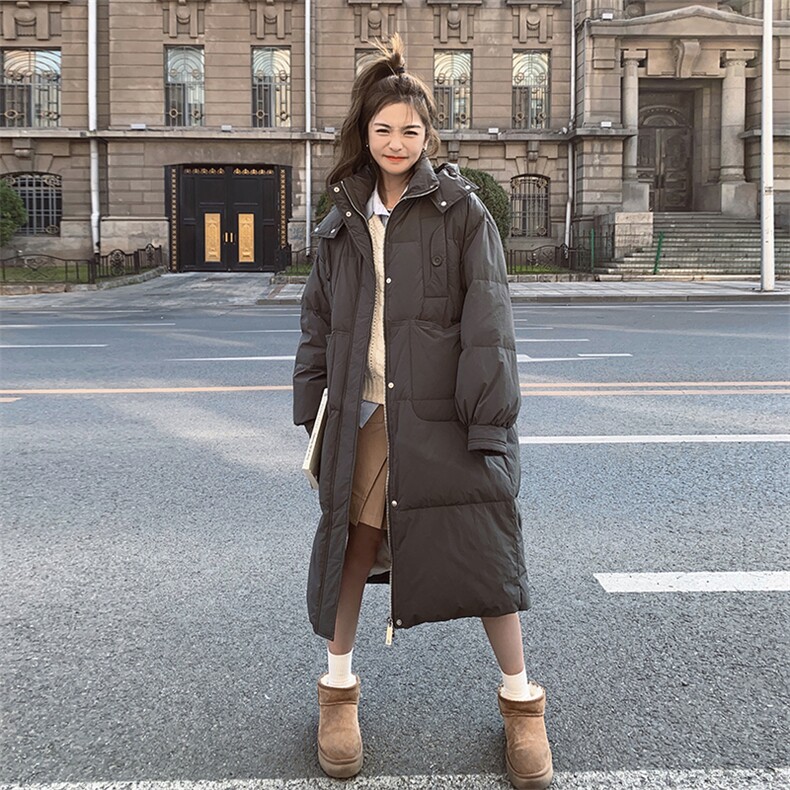 韩版中长款过膝灰色90羽绒服女2025年冬季新款加厚显瘦白鸭绒外套,女装羽绒服,辉之琳