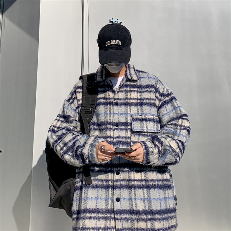 高品质港风秋款男夹克条纹格子衬衫毛呢休闲外套JK0107P65,男装夹克,星座1013-1