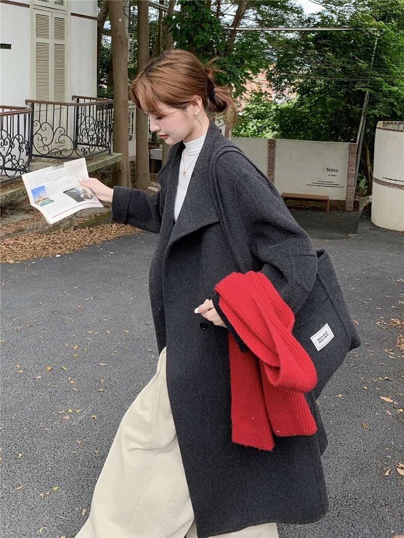 韩版气质长款深灰色毛呢大衣女2025冬季新款显瘦加厚过膝呢子外套,女装双面呢大衣,蝶眷