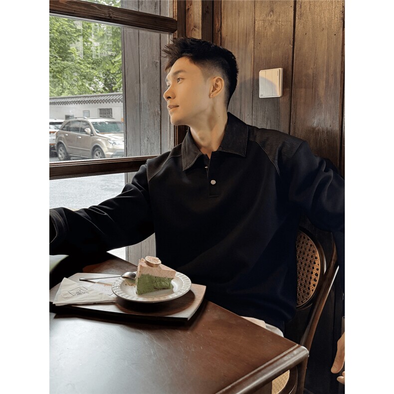 现货『轻启秋日松弛自洽』高级拼色设计感Polo领上衣长袖卫衣,男装卫衣,星座910A