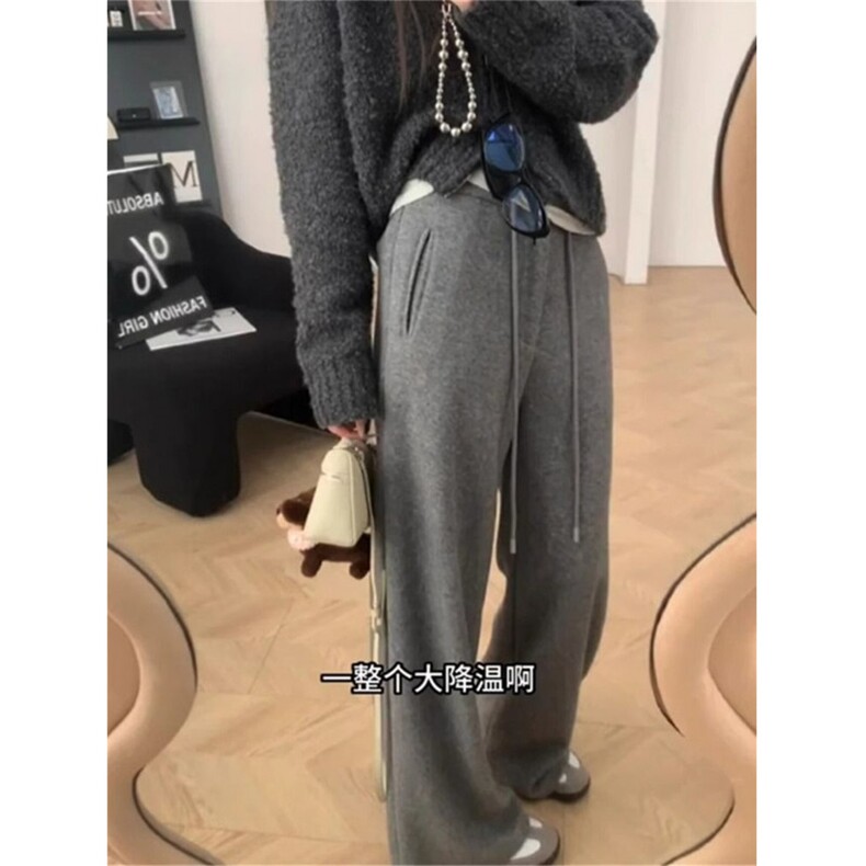 AK2472-P55今年流行灰色休闲裤女秋冬新款阔腿裤显瘦加绒慵懒卫裤图片