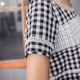 时尚格子短袖T恤女夏季新款宽松显瘦蕾丝拼接上衣百搭休闲女装，女装T恤，深水步