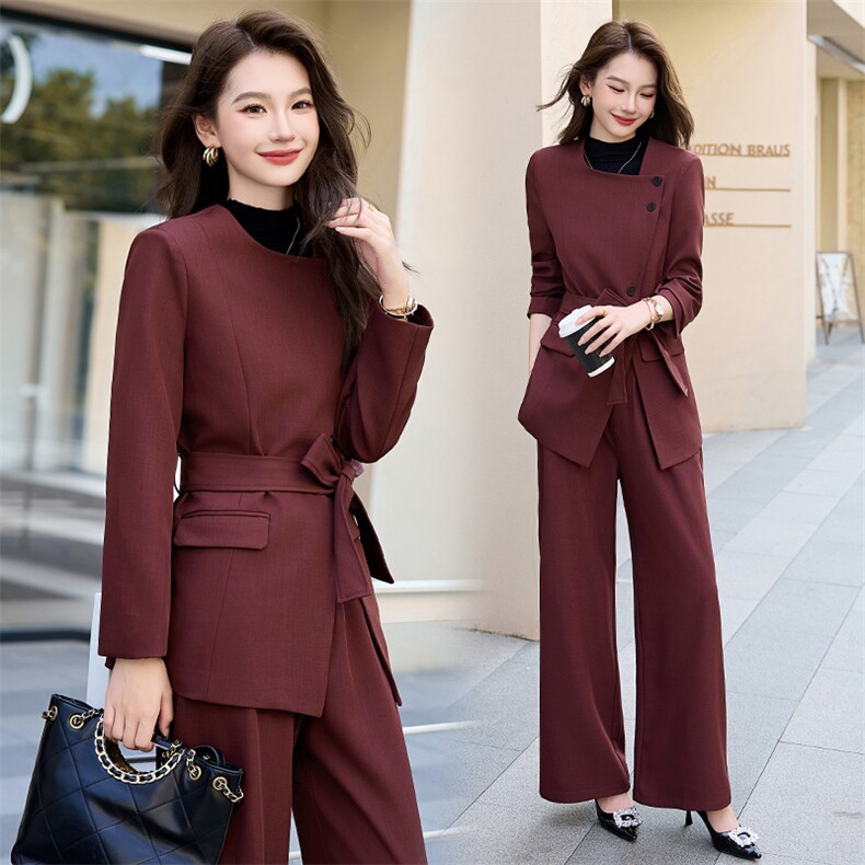 红职业套装女春秋新款时尚高端设计感方领西服阔腿裤两件套,女装套装/套裙,时尚俏佳人
