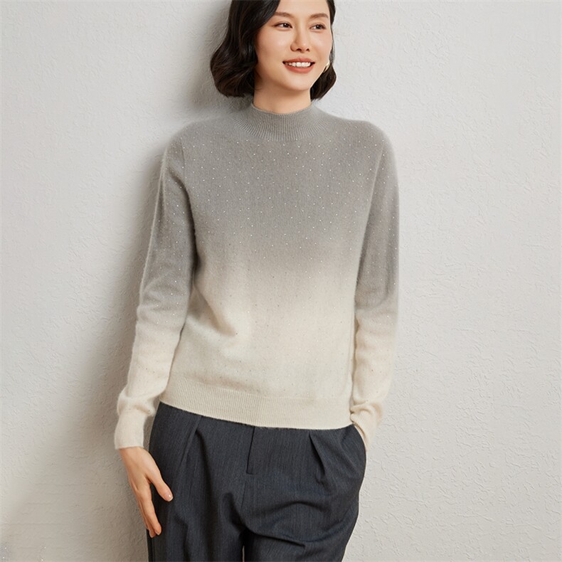 女士一线吊染加烫钻半高领衫10%,女装羊绒衫,臻维羊绒