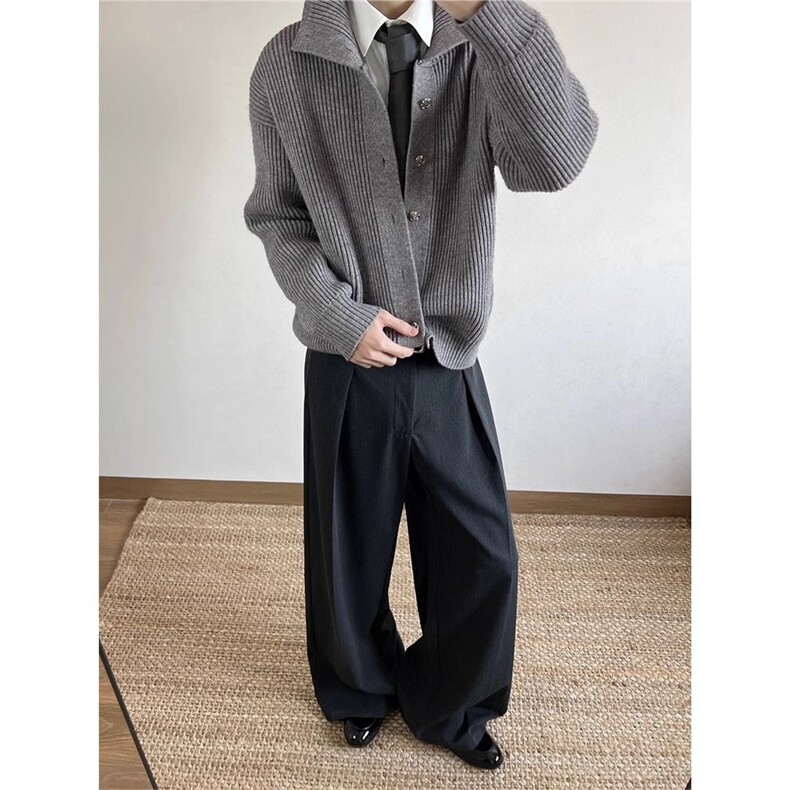 暗黑系褶设计感西装裤男士cleanfit潮牌休闲阔腿裤垂坠感拖地裤子,男装西服套装,星座813-2