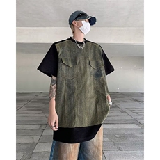 美式复古街头牛仔拼接短袖t恤男夏季新款时尚设计感撞色宽松上衣，男装T恤，星座506A