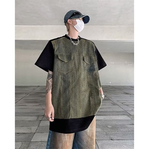 美式复古街头牛仔拼接短袖t恤男夏季新款时尚设计感撞色宽松上衣图片