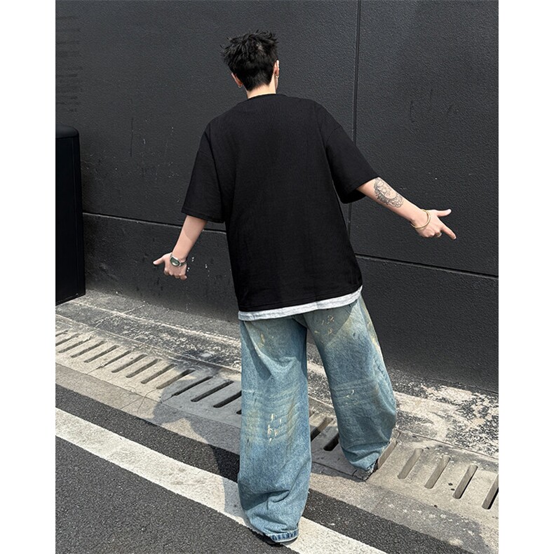 夏季新款假两件亨利领短袖T恤潮流宽松休闲百搭上衣,男装T恤,星座410-7