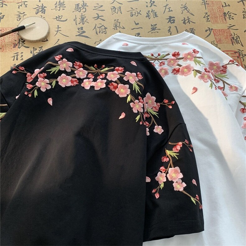706-1-T387-P35现货夏季风梅花刺绣圆领短袖T恤情侣半袖上衣,男装T恤,星座706-1